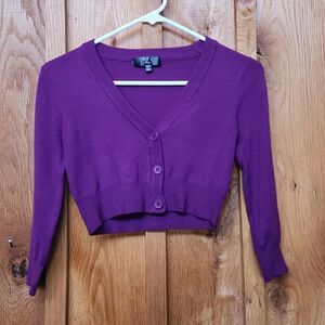 Fit Apparel V-Neck 3/4 Sleeve Bodycon Cropped Knit Cardigan, Medium, Purple